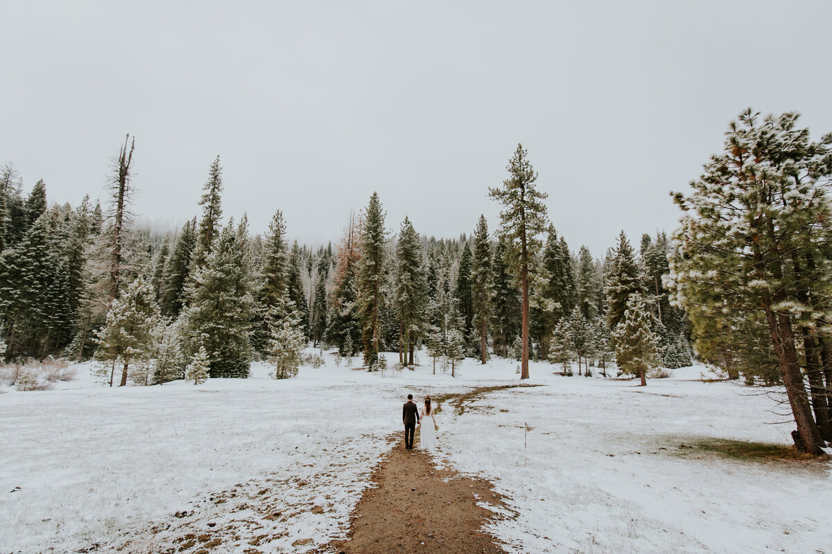 Wide shot of bride and groom stand in snowy meadow surrounded by trees.