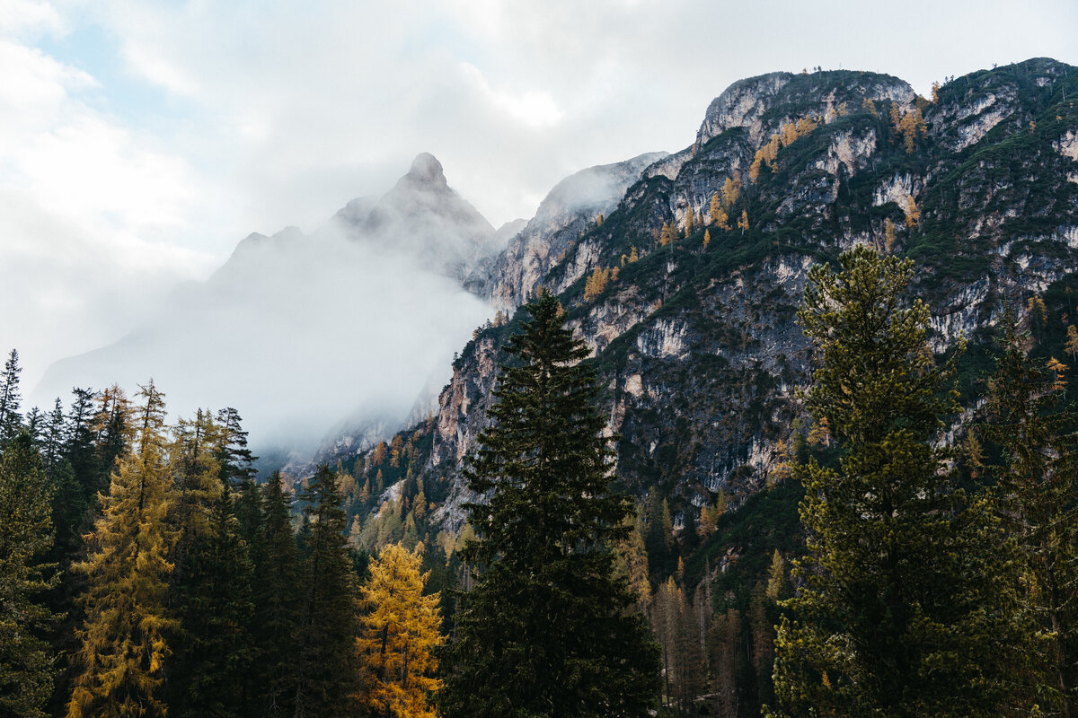 Foggy mountain view above Lago di Braies