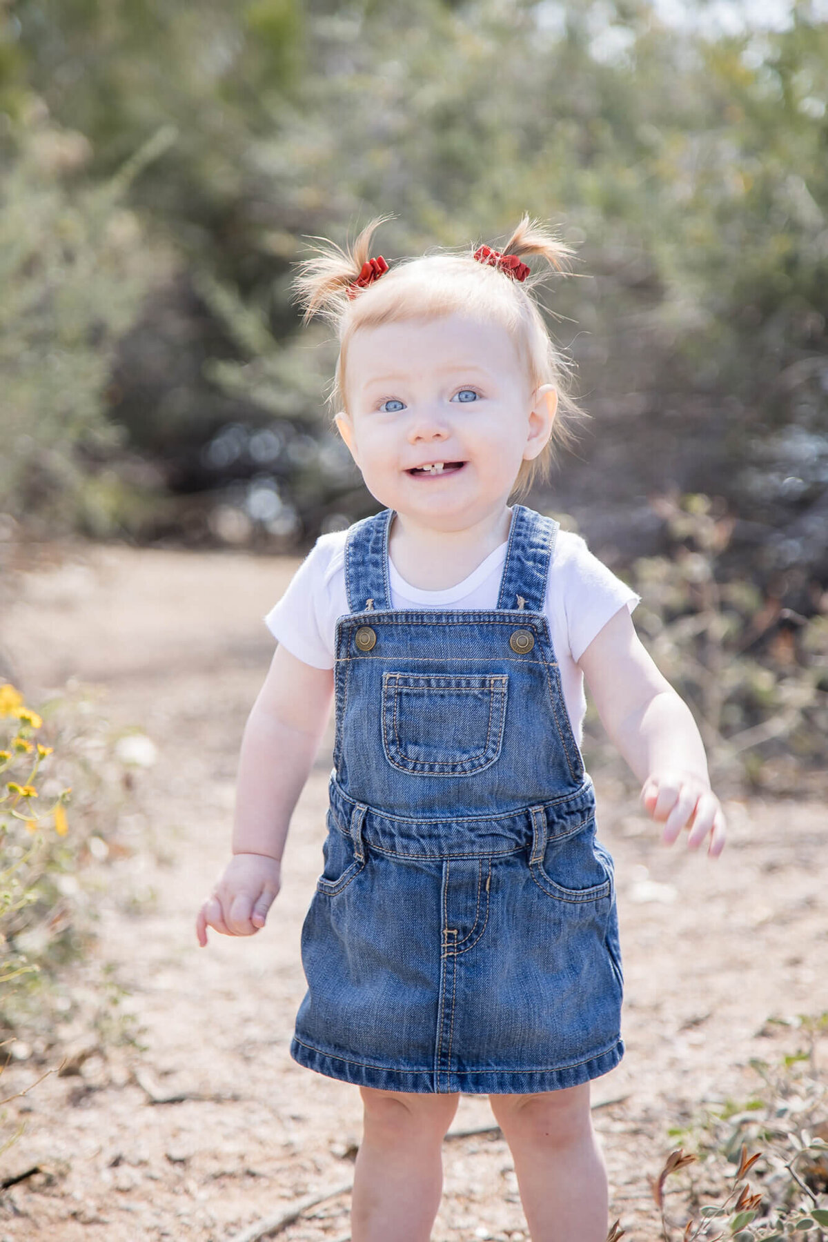 Happy toddler with pigtails and denim dress on desert path