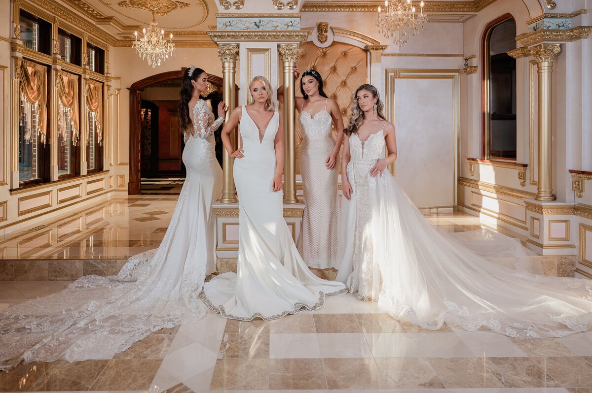 4 women in wedding dresses