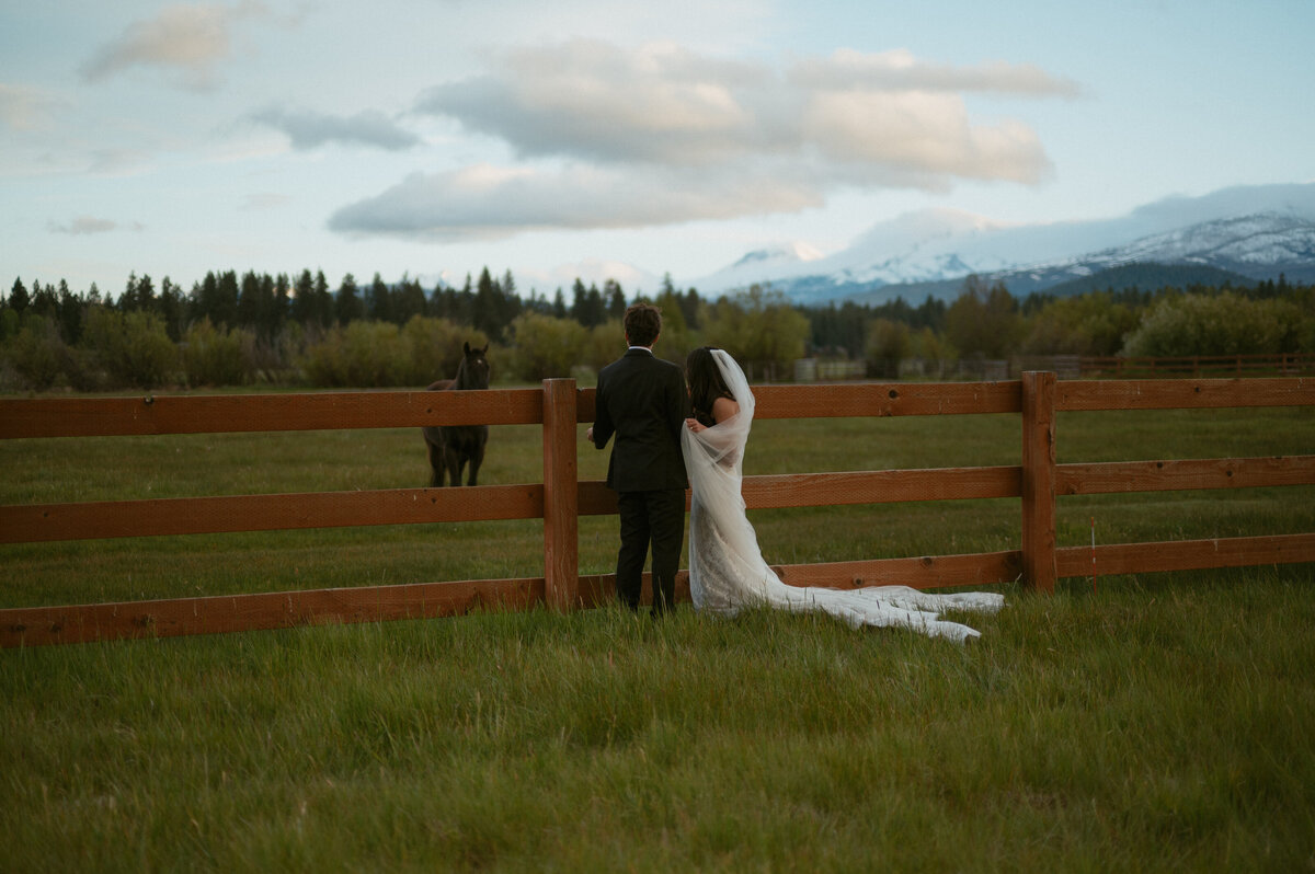 wedding couple standing with horses at black butte ranch in bend OR