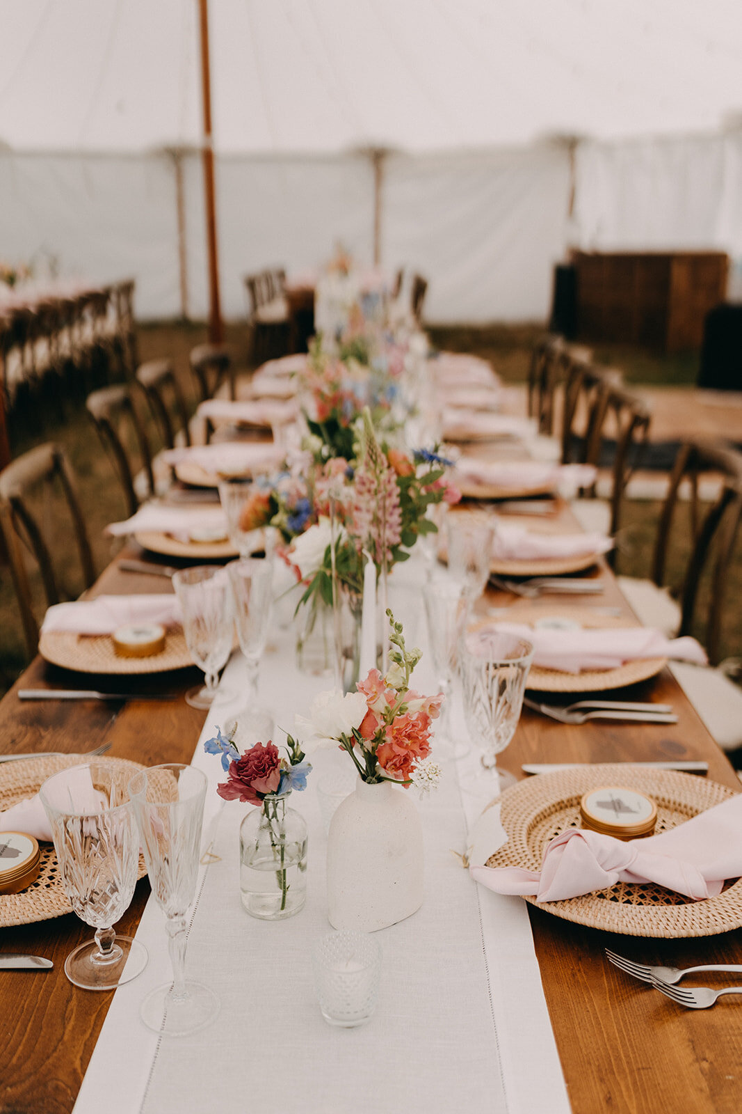 Tablescape at outdoor Maine wedding