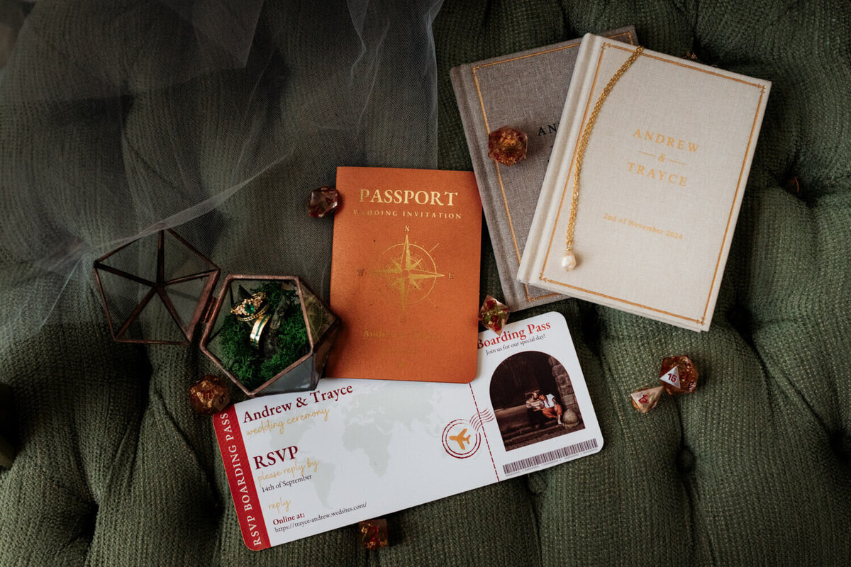 Earth toned flat lay with wedding invites and passport themed items