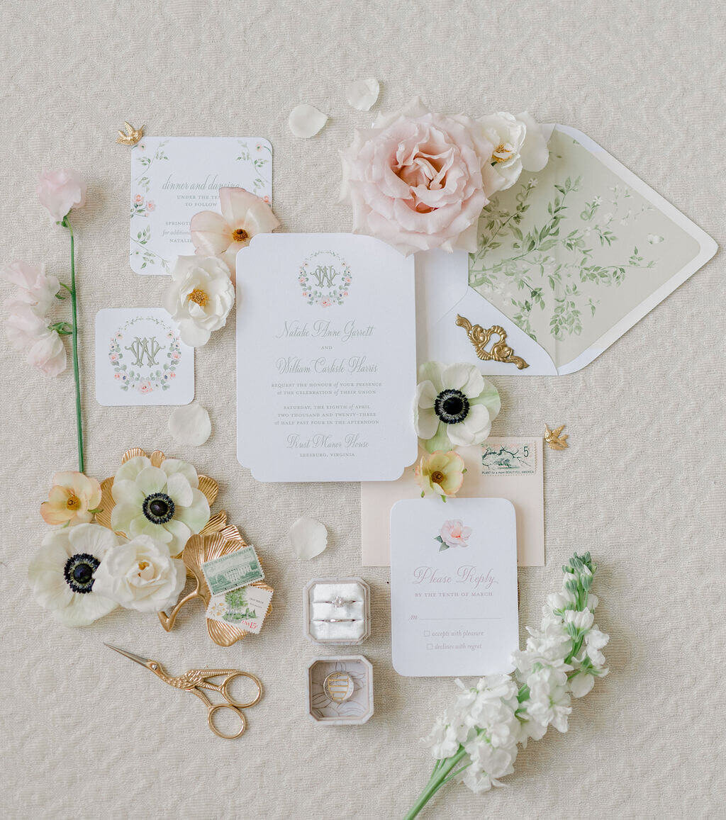 Floral invitation flatlay styled by Virginia Wedding Photographer, Rachael Mattio