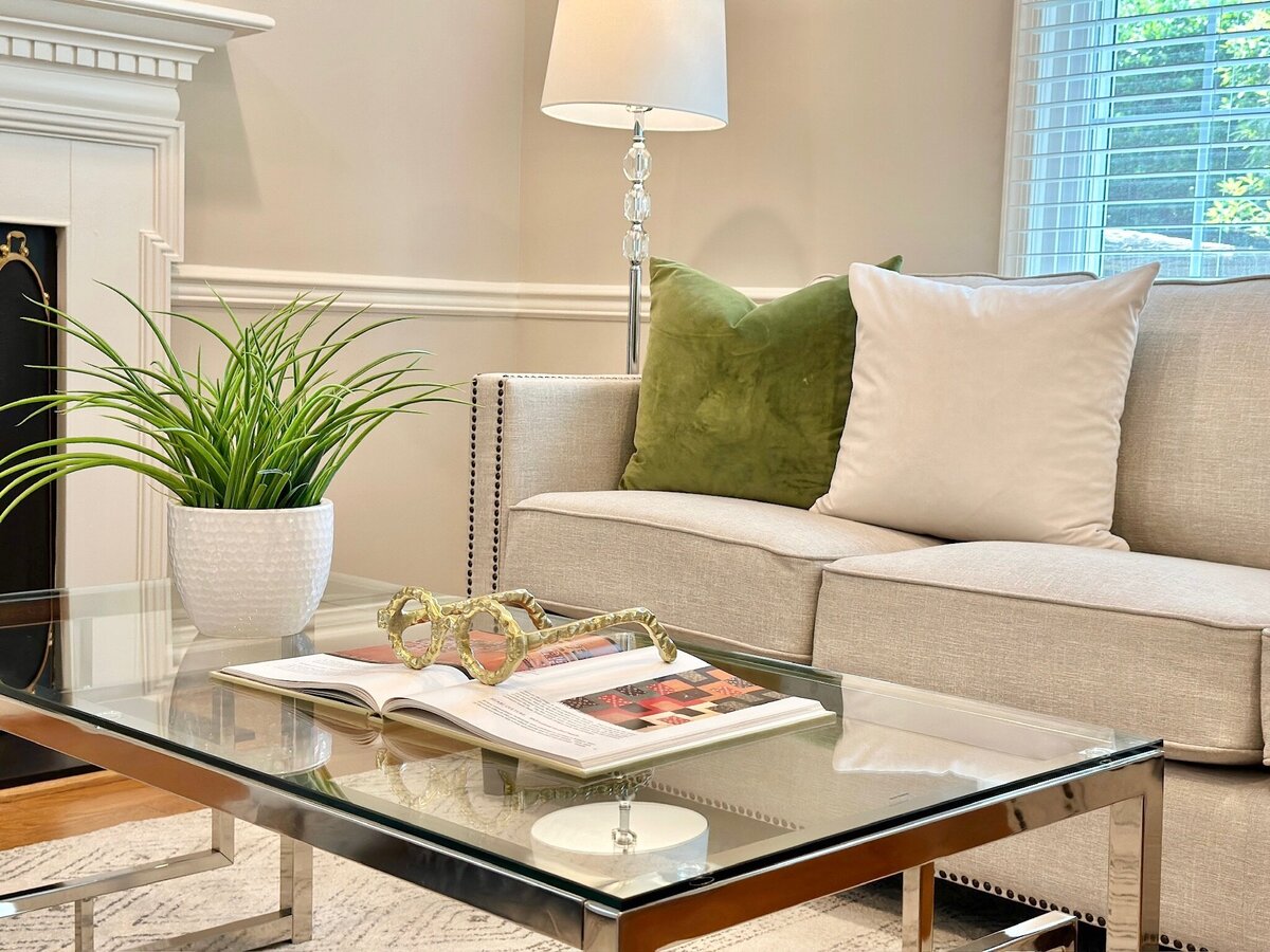 living room with green accents