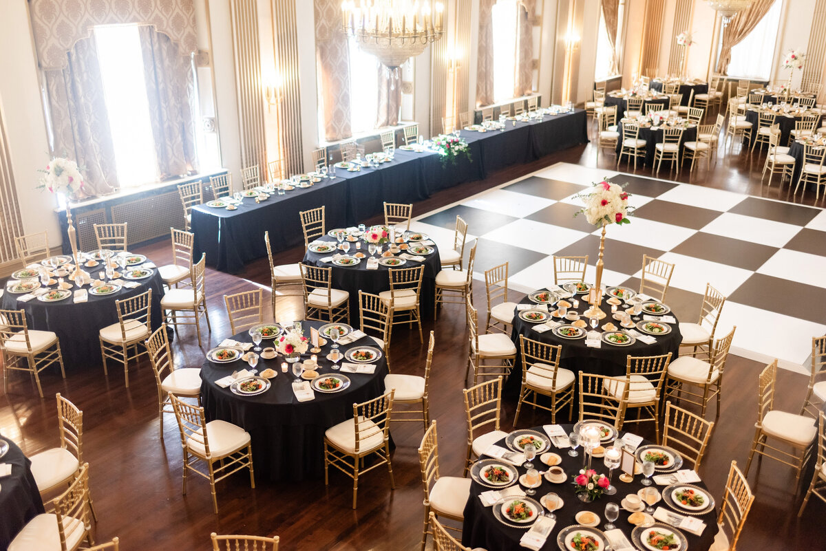 wedding reception setup in the grand ballroom at the george washington hotel