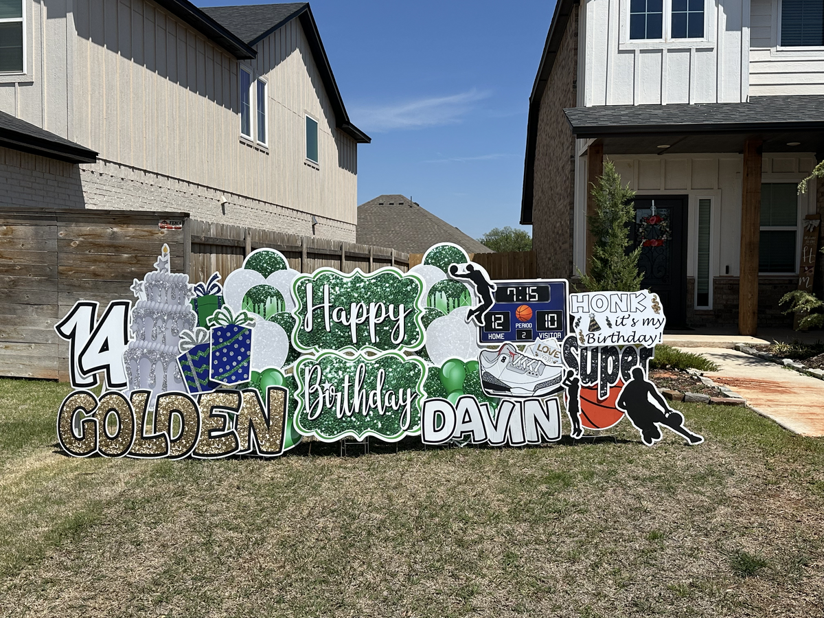 Custom birthday yard sign setup in Edmond, Oklahoma. Simply Sign It is a yard greeting rental company servicing Edmond, NW OKC, Piedmont, and Deer Creek. Order a yard greeting for birthdays, graduation, anniversary, back-to-school, and birth announcements.