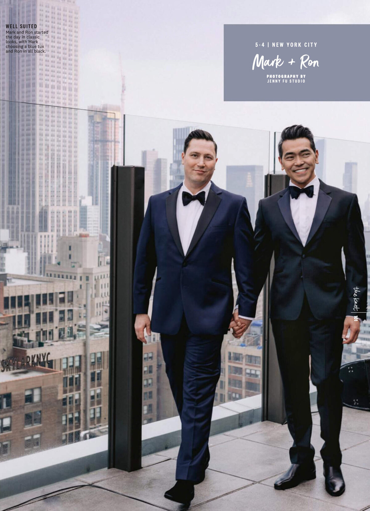 A page in The Knot Magazine where there's an image of two grooms with a background of skyscrapers. Image by Jenny Fu Studio