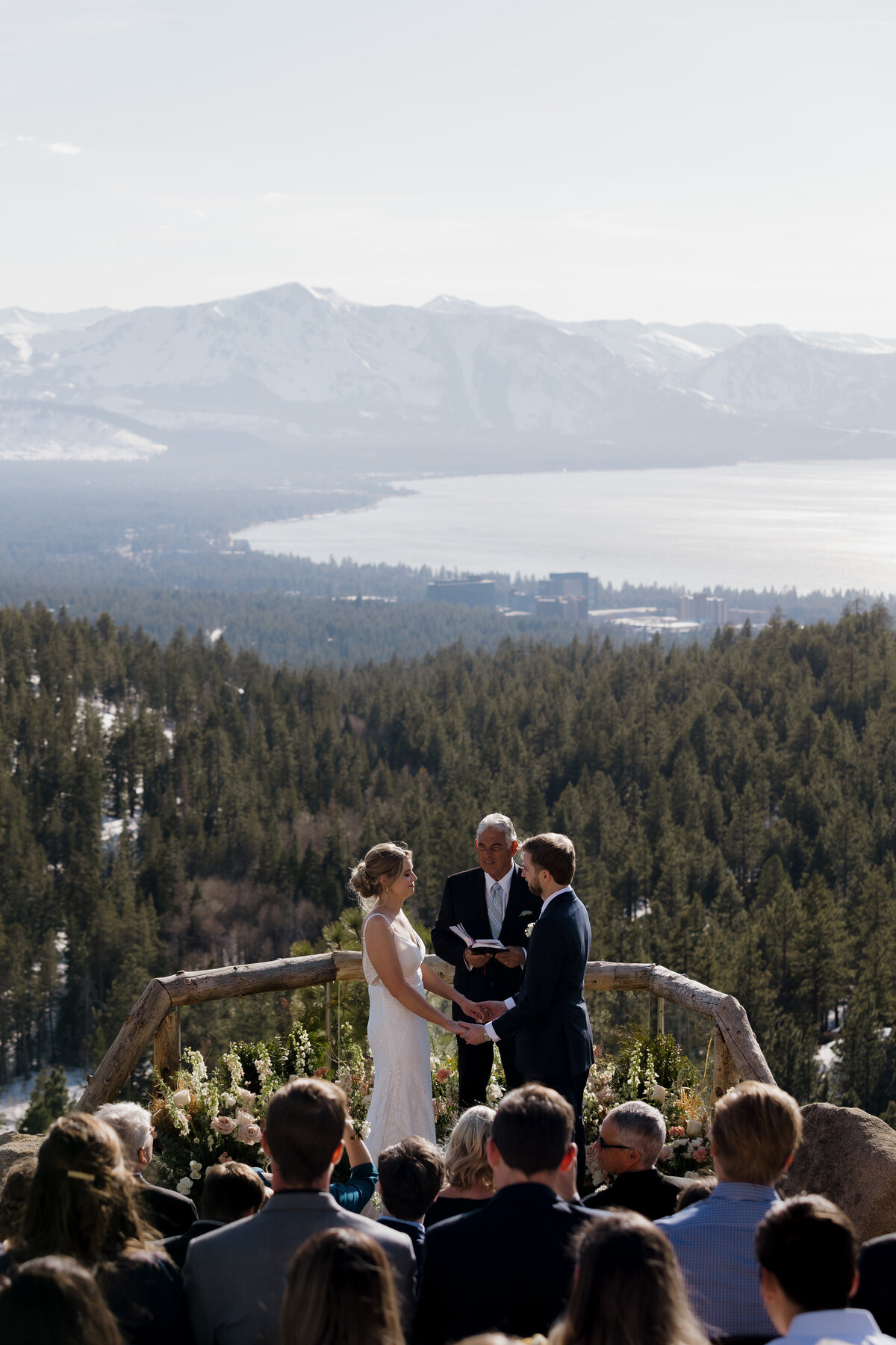 Bride and groom kiss at sunset at their South Lake Tahoe wedding venue, Tahoe Blue Estate. Golden hour wedding photography in Lake Tahoe.