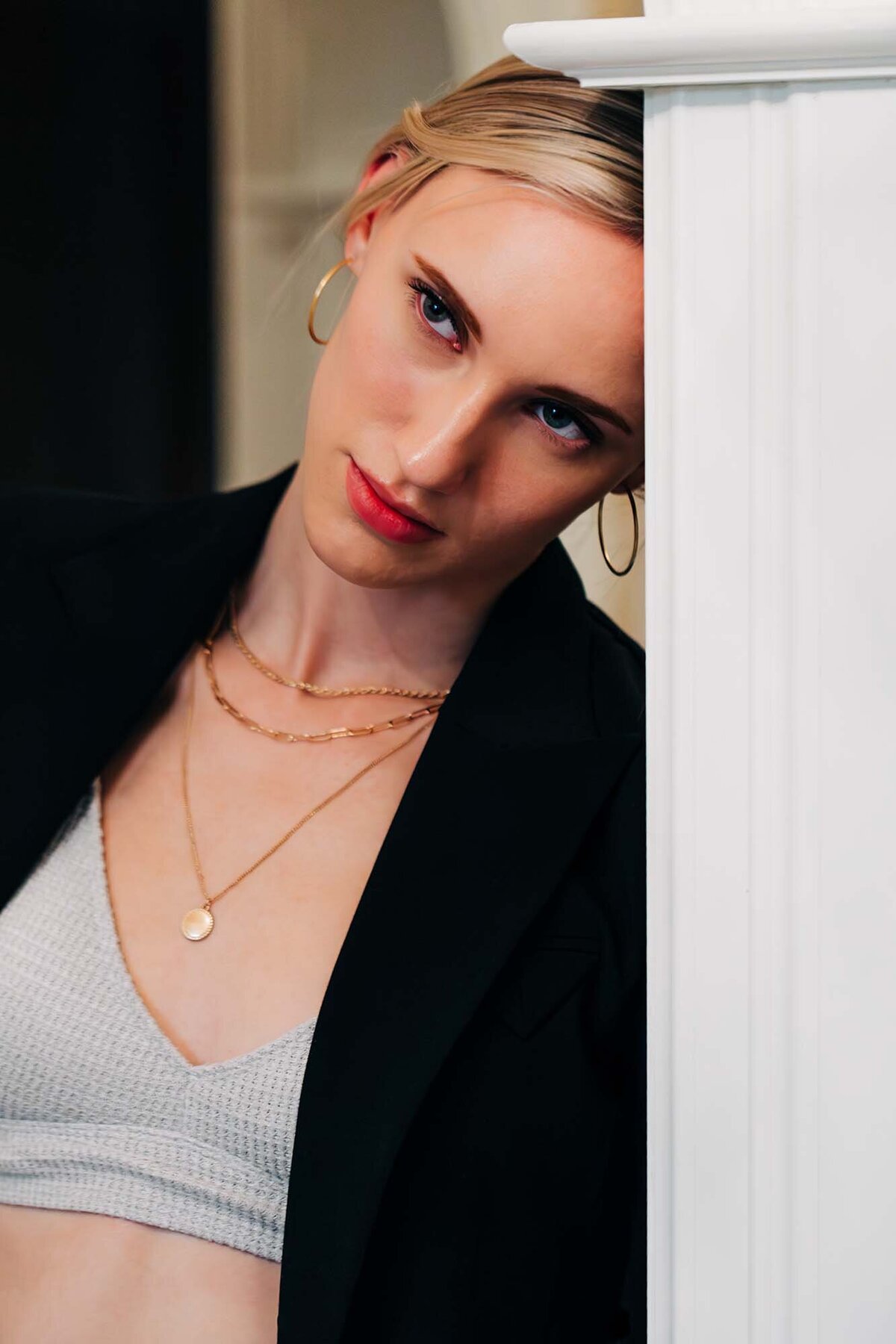 Close up portrait Montana model wearing gold jewelry