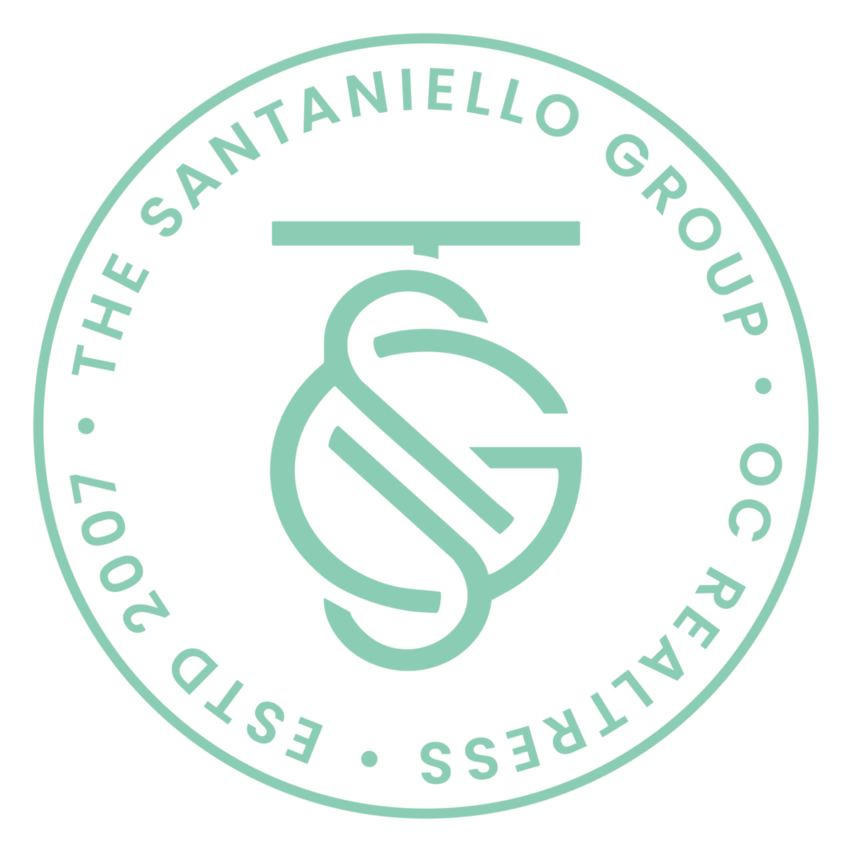 Circular logo for The Santaniello Group featuring a monogram “SG” and the text “OC Realtress” and “Est. 2007”.