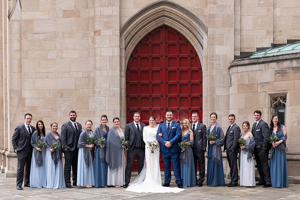 NFL free agent and wife with their Bridal Party at Cathedral of Learning in Pittsburgh, PA