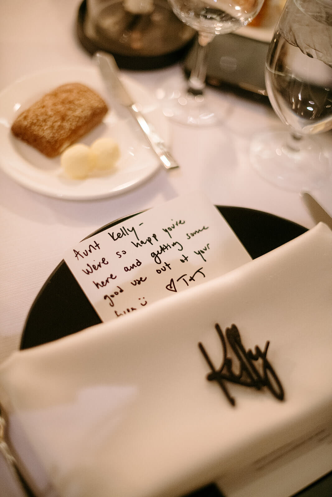 Personalized note that rests with each table setting as a thoughtful detail at the St. Regis Aspen wedding reception.