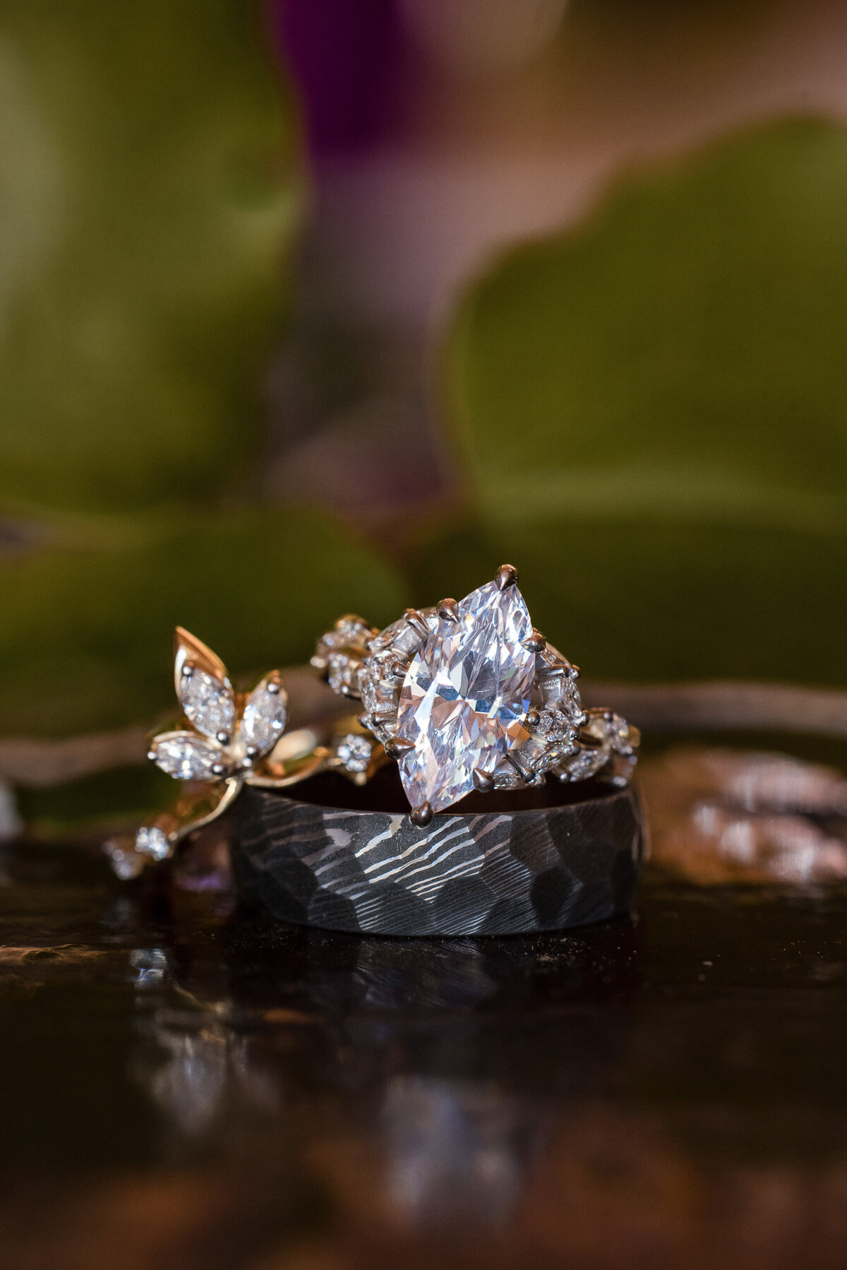 Custom wedding rings with a nature theme at a destination wedding at Nestldown in Los Gatos, California
