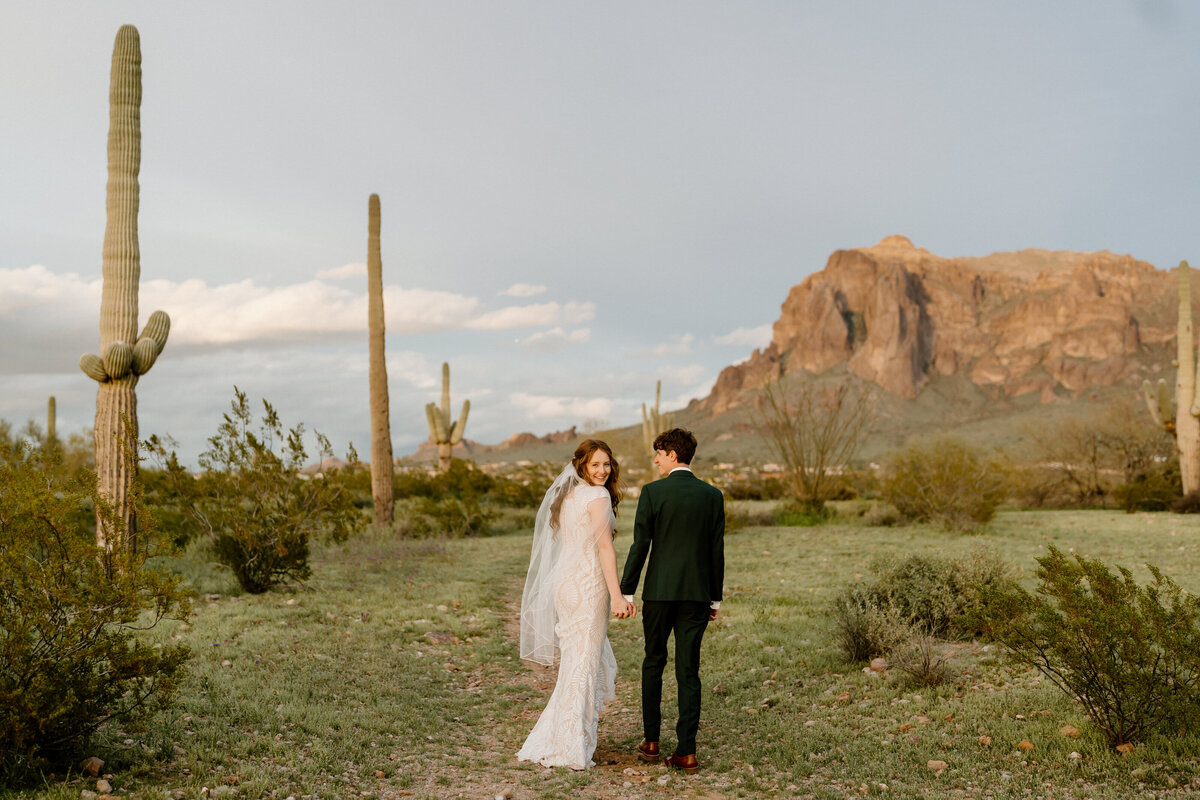 newlweds walk in arizona landscape