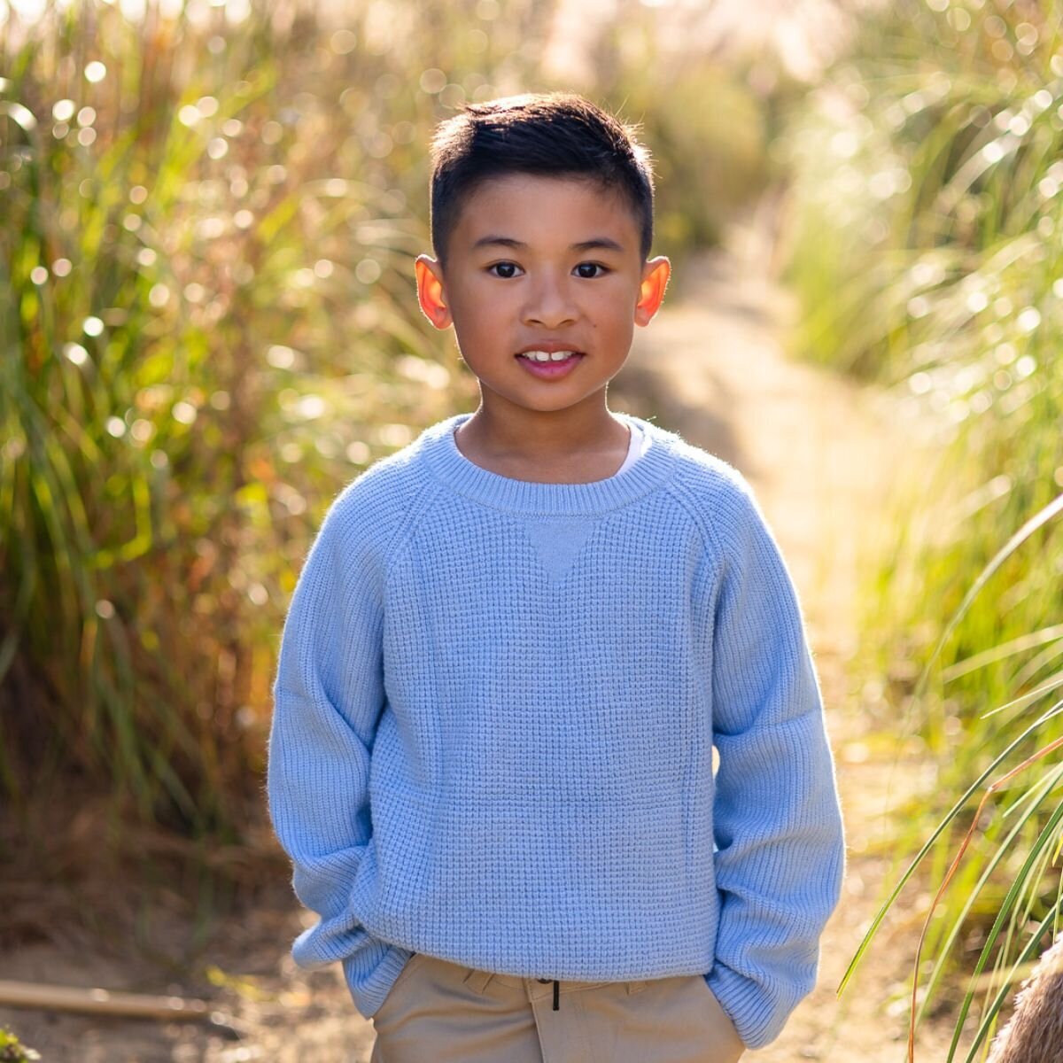 Smiling boy in a light blue sweater standing in golden sunlight during Bay Area school photography lifestyle session – Ellobelle Photography