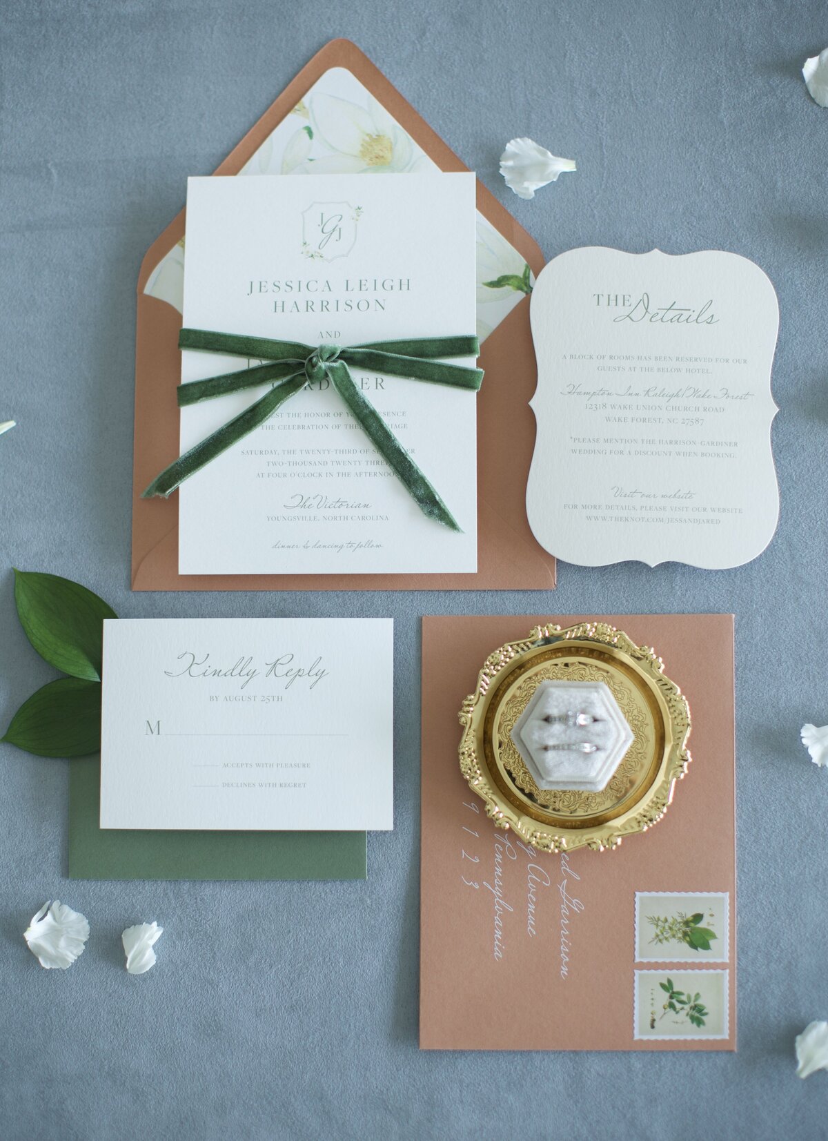 Terra cotta and green wedding invitation suite with custom monogram design by Liz Theal