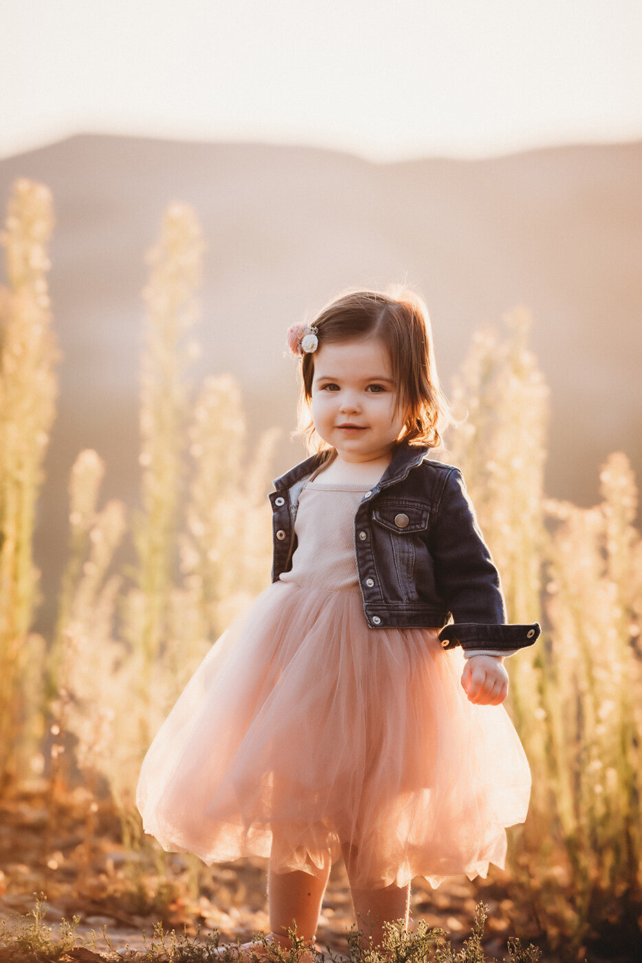Toddler girl smiling at the camera while wearing a pink tutu dress