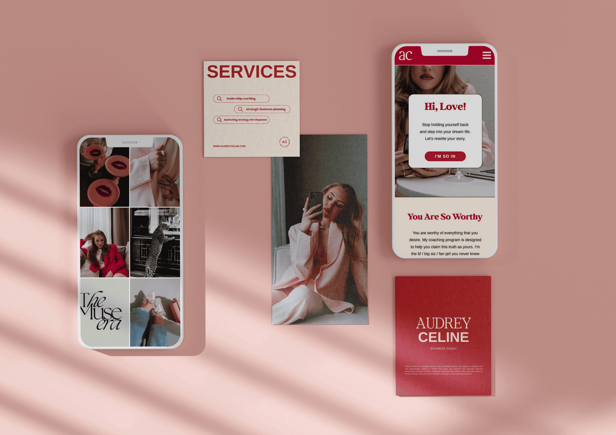 A branding mockup featuring a smartphone displaying a coaching services landing page with the tagline "We Do Things Differently." The page includes a call to action button labeled "I'M SO IN," a section titled "Leadership Coaching," and details about the services offered. The background includes a motivational quote and a list of sweet treats.