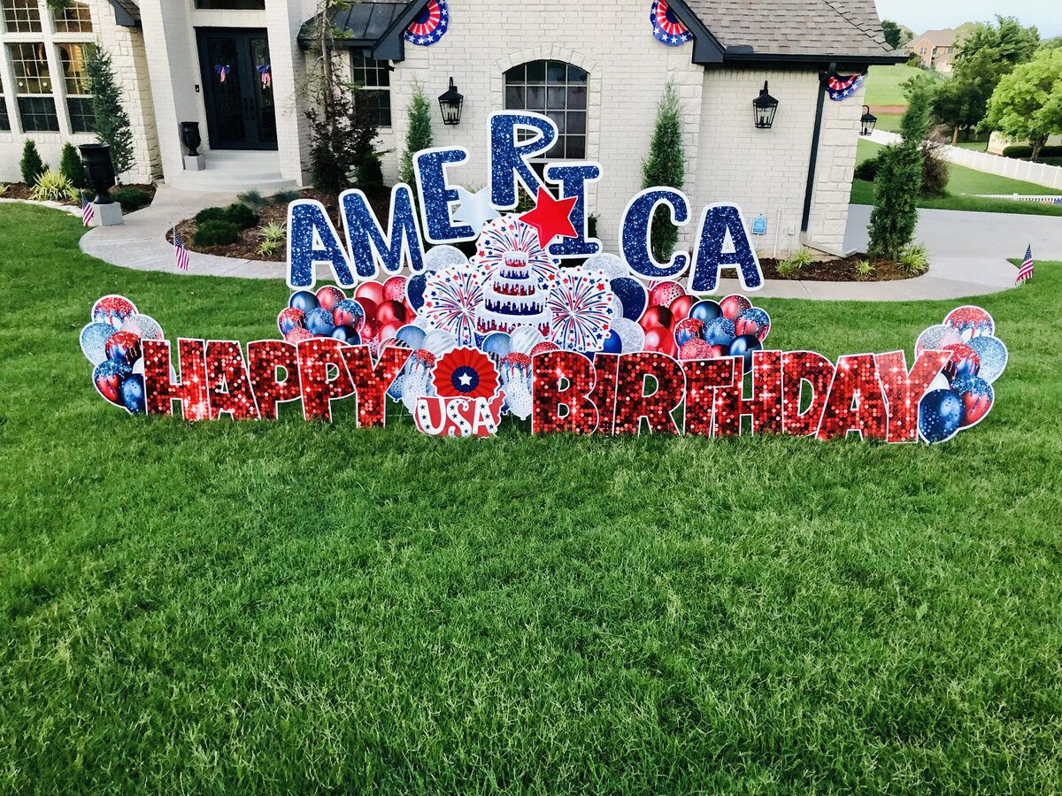 Fourth of July Custom Sign Setup. Simply Sign It is a yard greeting sign rental company servicing Edmond, NW OKC, Piedmont, and Deer Creek. Create a yard greeting sign for your home, organization, or school.