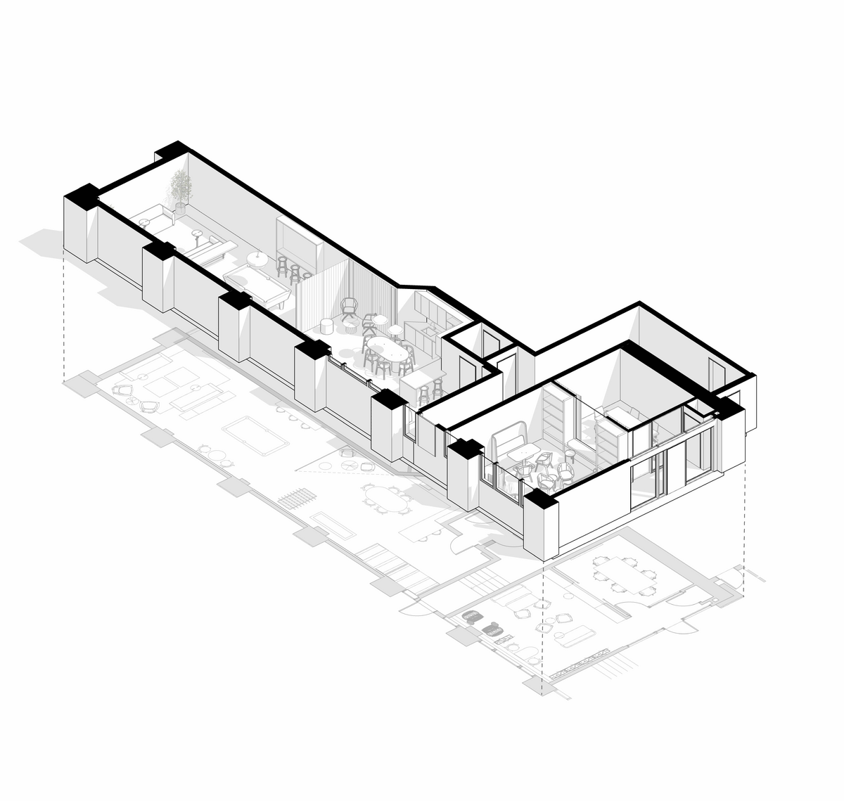 A 3D office lounge floor plan