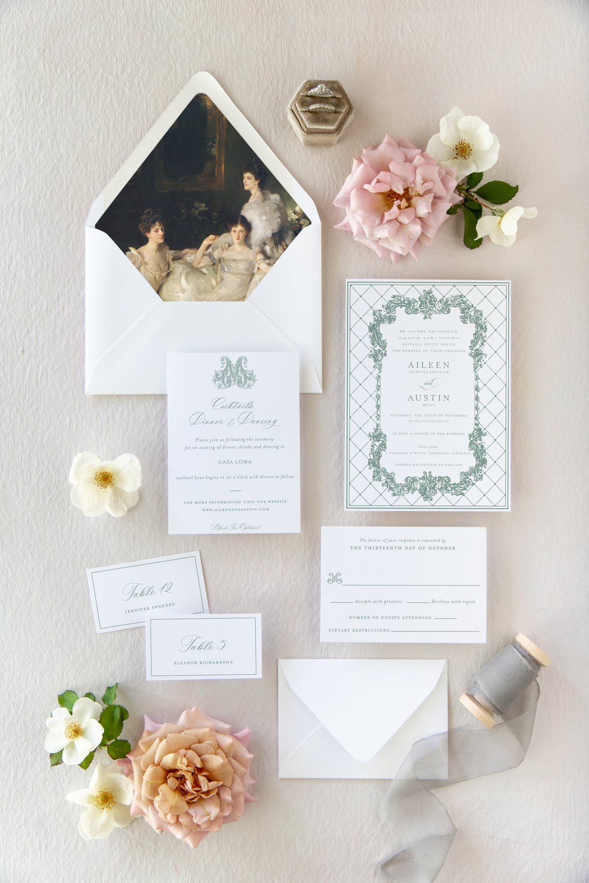 Orante Fine Art wedding invitation set with baroque frame design and printed vintage painting envelope liner