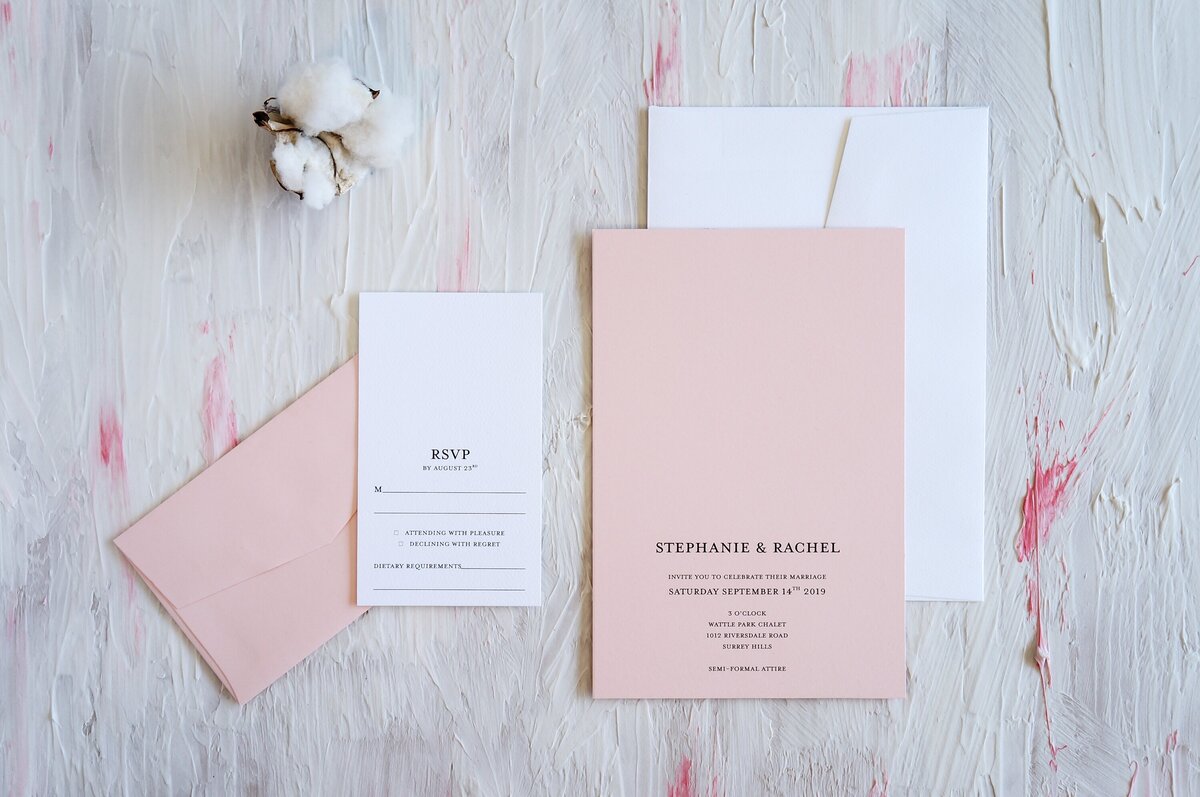 Pink and white minimalist classic wedding invitations