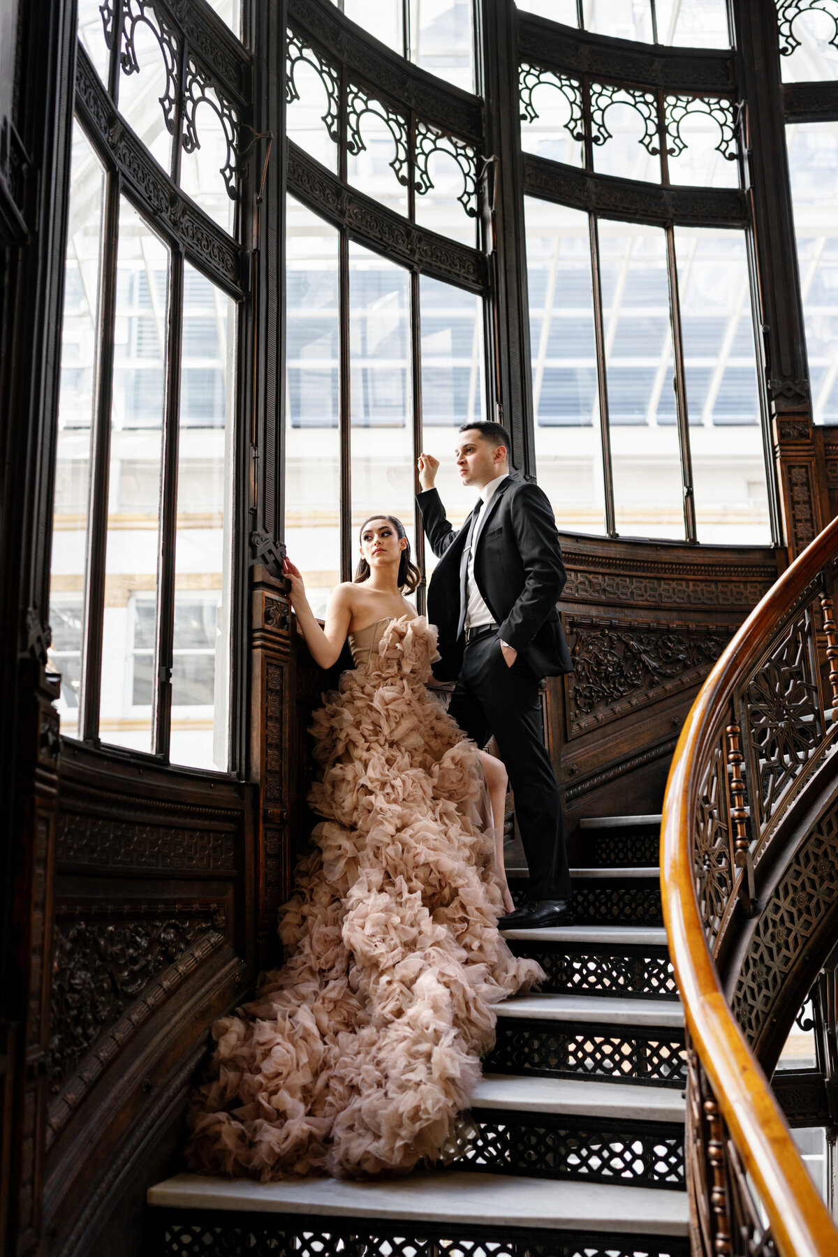 Aspen-Avenue-Chicago-Wedding-Photographer-Rookery-Engagement-Session-Histoircal-Stairs-Moody-Dramatic-Magazine-Unique-Gown-Stemming-From-Love-Emily-Rae-Bridal-Hair-FAV-11