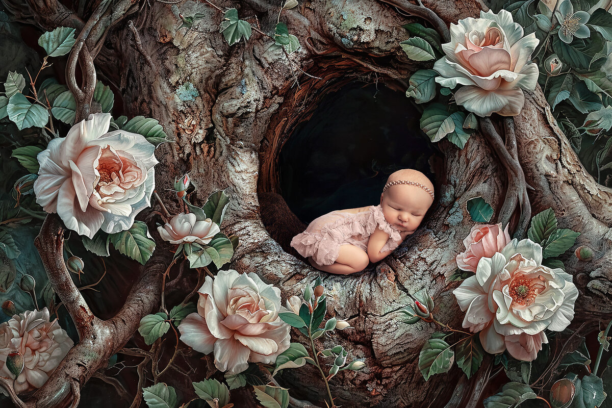 Composite newborn photography of a baby girl resting inside a whimsical floral tree trunk, created by a newborn photography studio specializing in baby pictures in Dallas.