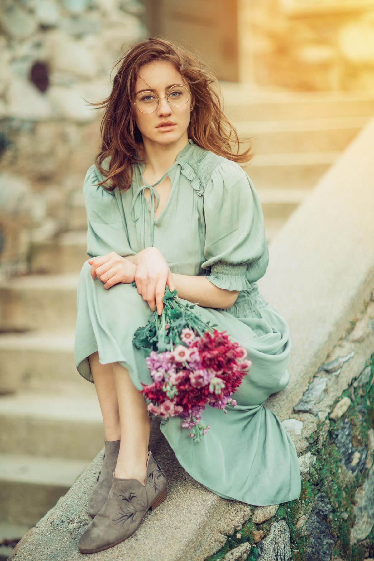 Portrait Photo Of Young Woman In Green Dress Holding Flowers Los Angeles