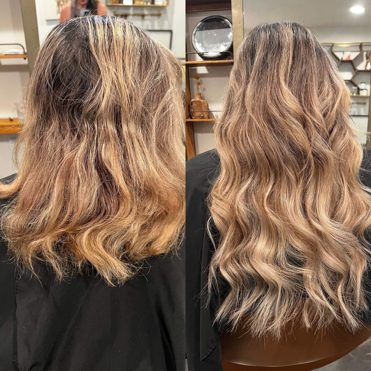Before and after hair extensions transformation on woman with mid length blonde hair.
