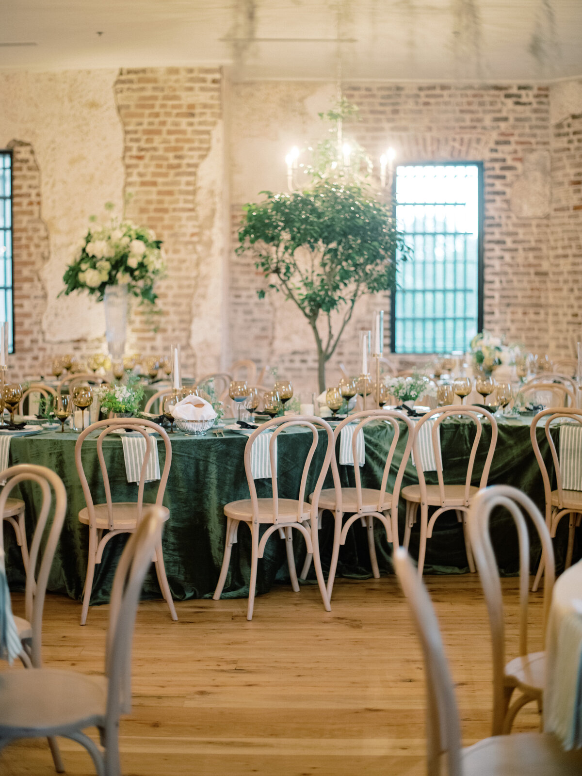The image captures an intimate dining space adorned with greenery and natural light filtering through windows, creating a warm atmosphere for weddings in Charleston.