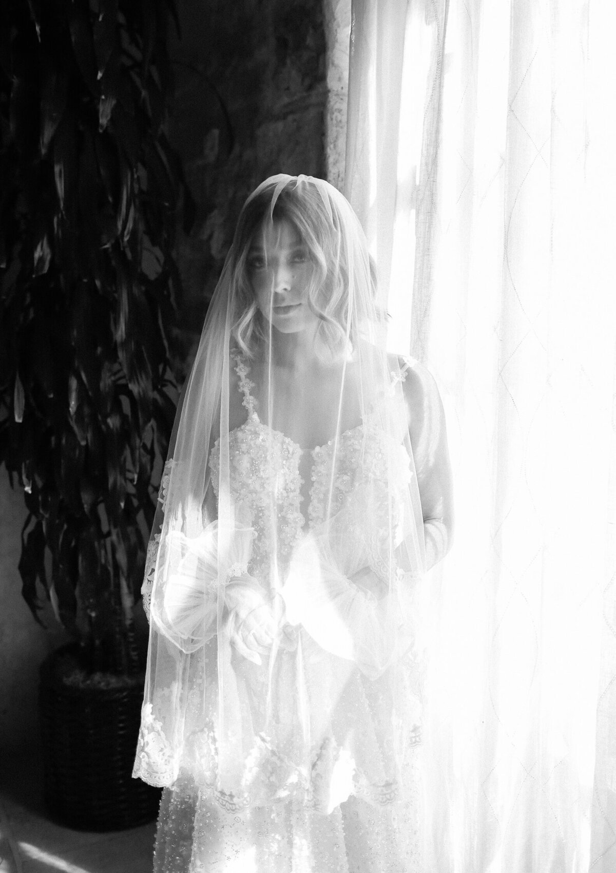Dramatic veil bridal photo at Sunstone Winery in Santa Ynez, California Kayleen Shearer Photography