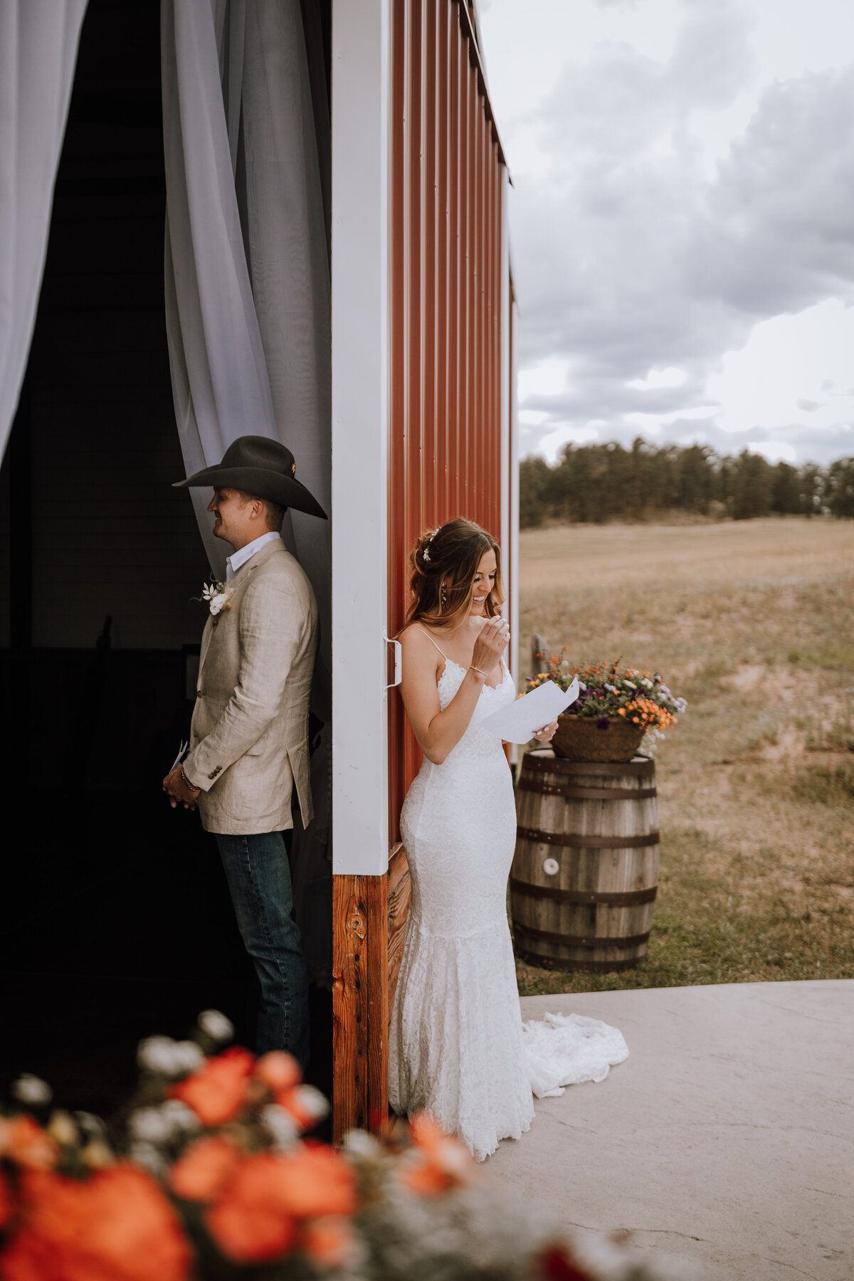 bride and groom reading vows  at younger ranch colorado