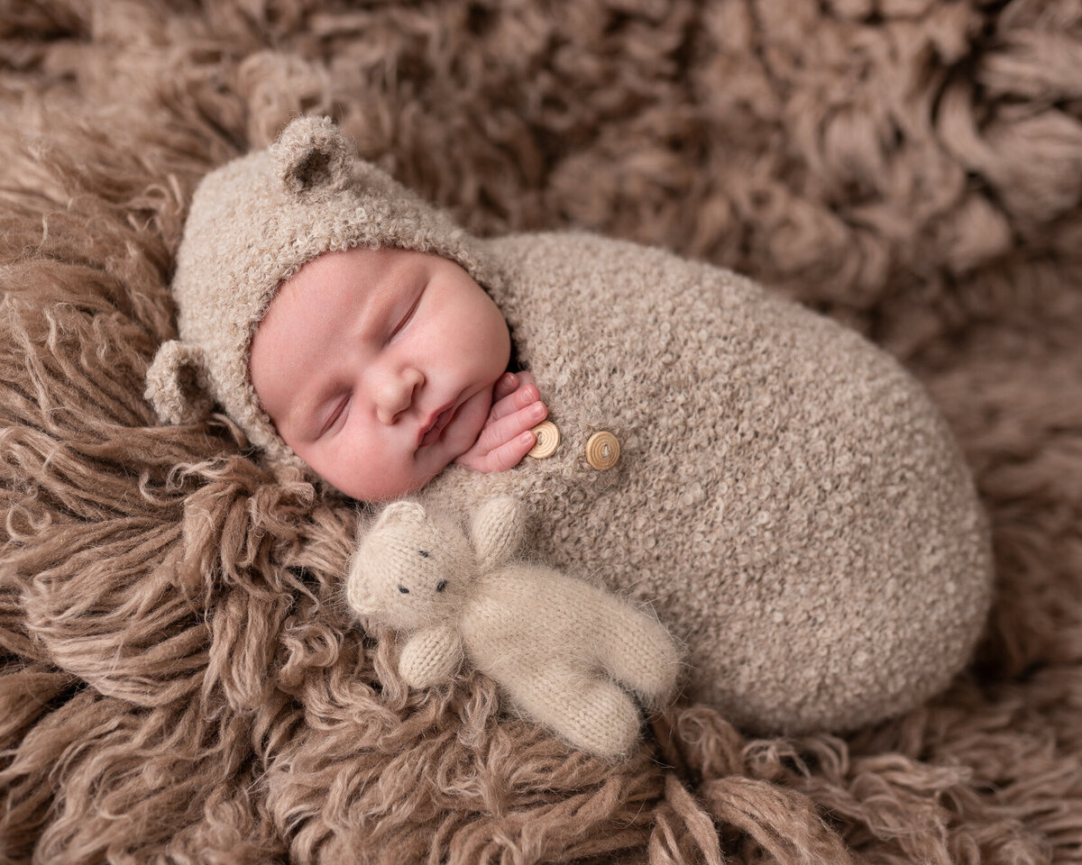 Wrapped newborn in brown furry background
