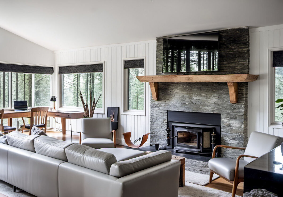2024-02-07 16-55-36 - living room, black leather sofa, gray wood floor, forest outside seen through the larger glass windo