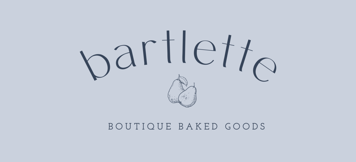 Navy typographic logo with sans serif font that reads Bartlette with boutique baked goods as the tagline and pear illustration on a baby blue background