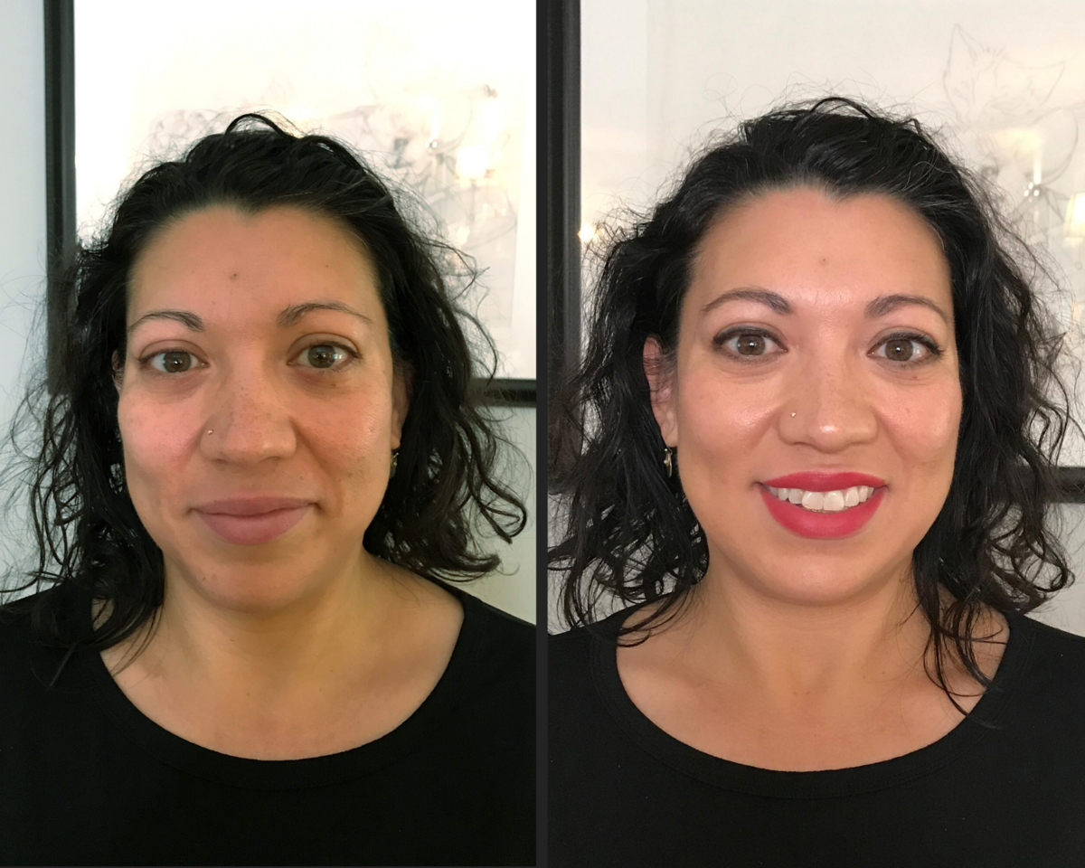 before and after makeup on mixed race female with green eyes brunette red lips and lined eyes