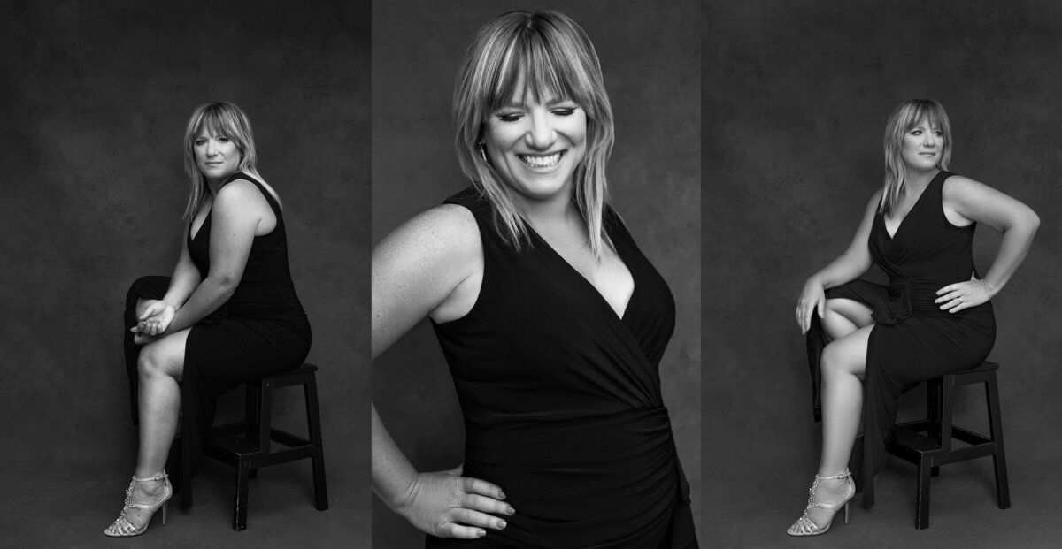 A blonde woman in a black dress sits for a portrait and stands for another. In the middle image she smiles and looks down at Janel Lee Photography in Cincinnati Ohio