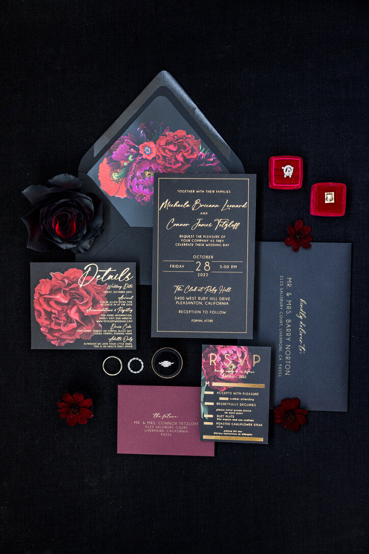 sparkles, heart roses, red roses, vow book, black backdrop, invitations, flat lays, red and black wedding 