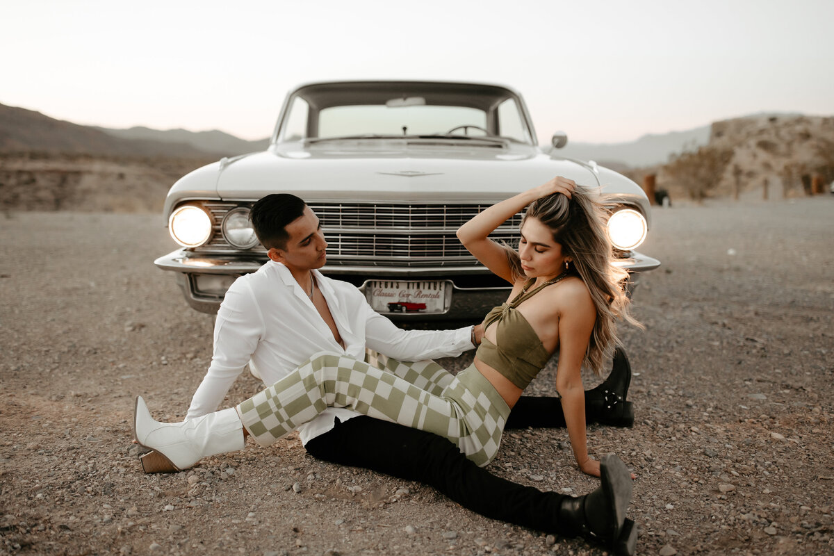 Vintage Car with newly engaged couple