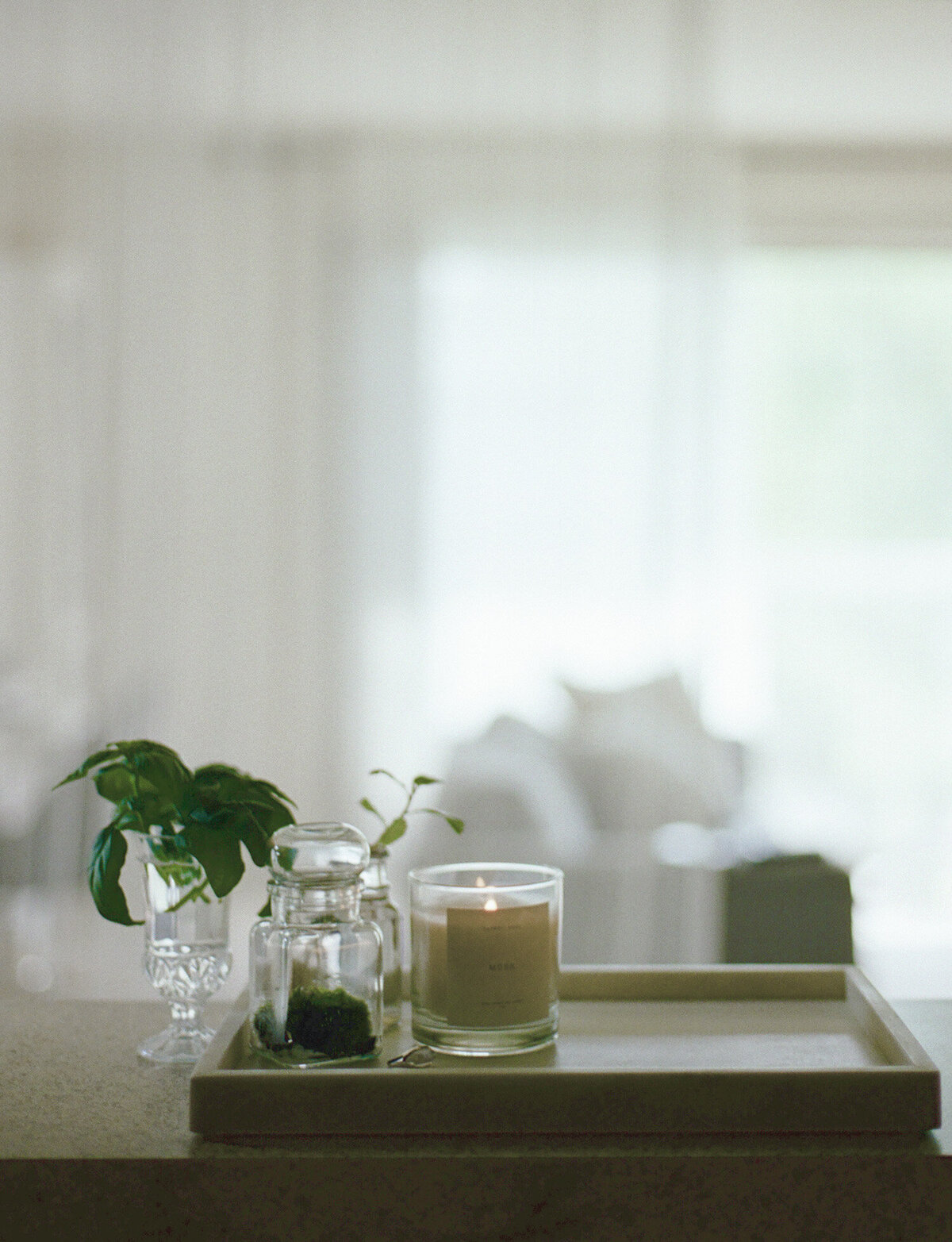candle with herbs, plants on marble tray in kitchen, interior branding photography, candle product lifestyle photography, film photographer in Michigan