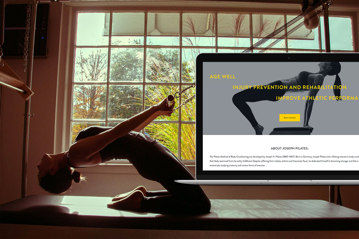 Mac Laptop mockup of L Studio PIlates website with background image of a female on a reformer
