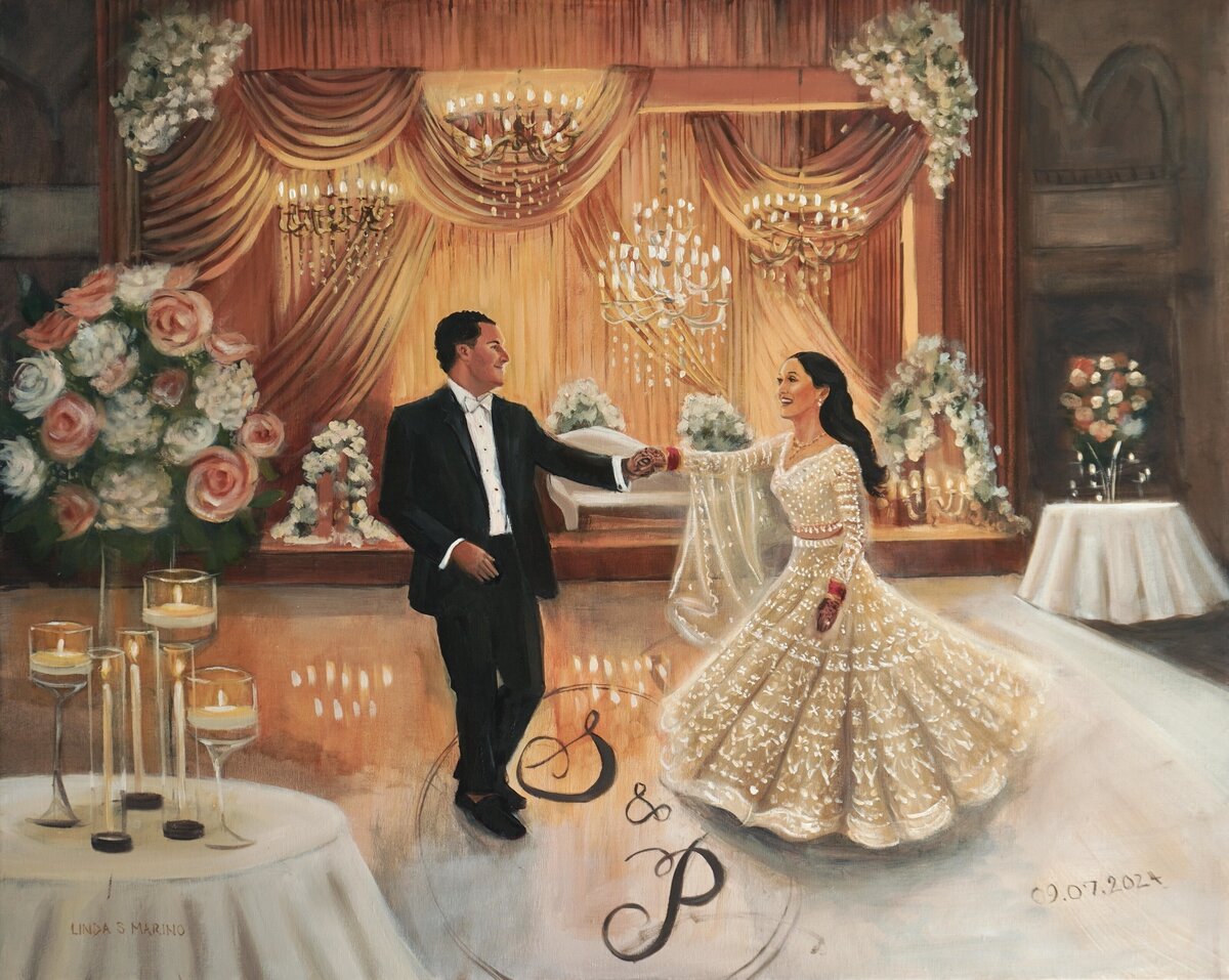 live wedding painting of bride and groom dancing first dance with colorful orange decor and chandeliers, at Boston Park Plaza, Boston, MA