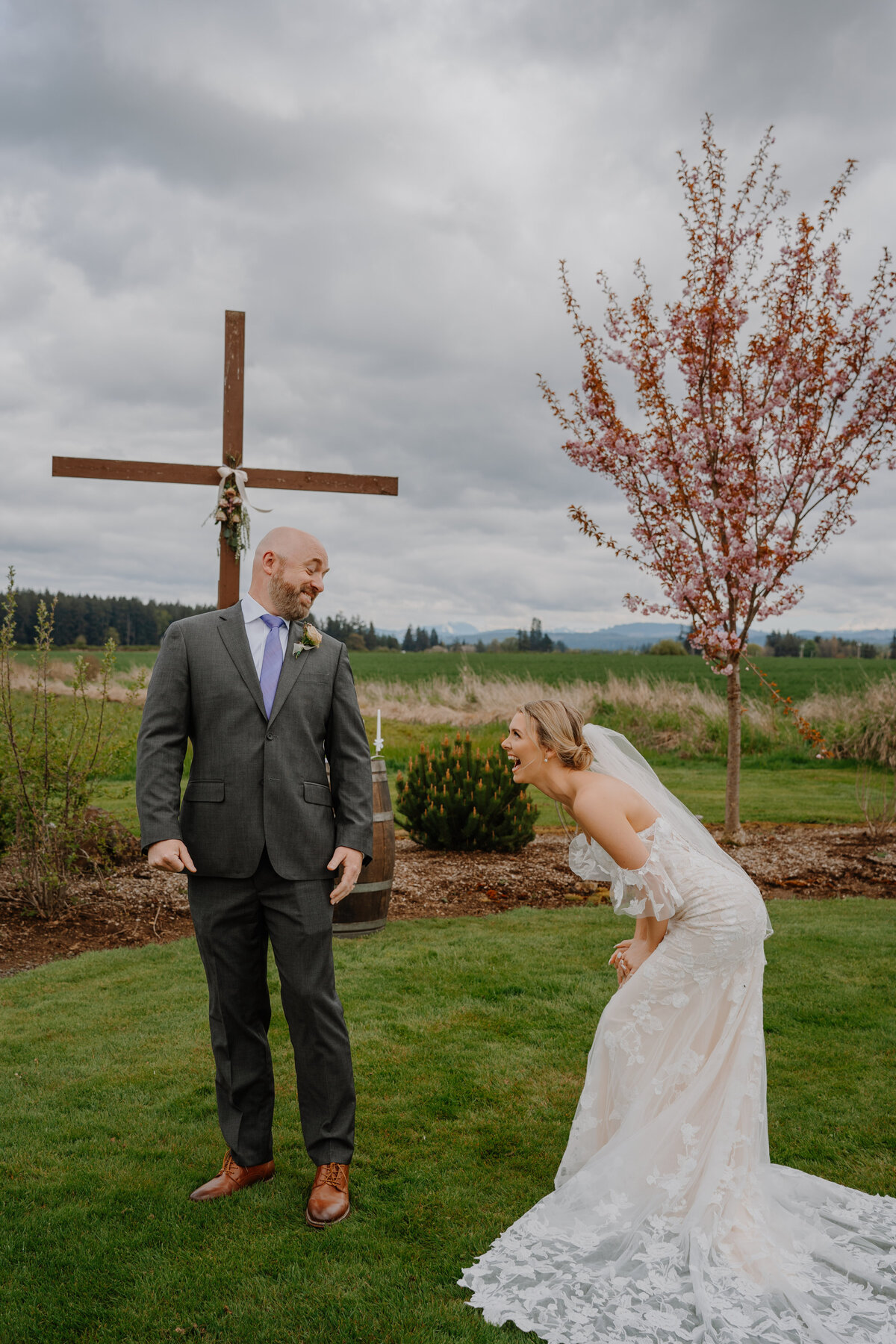 Father seeing bride's dress for the first time