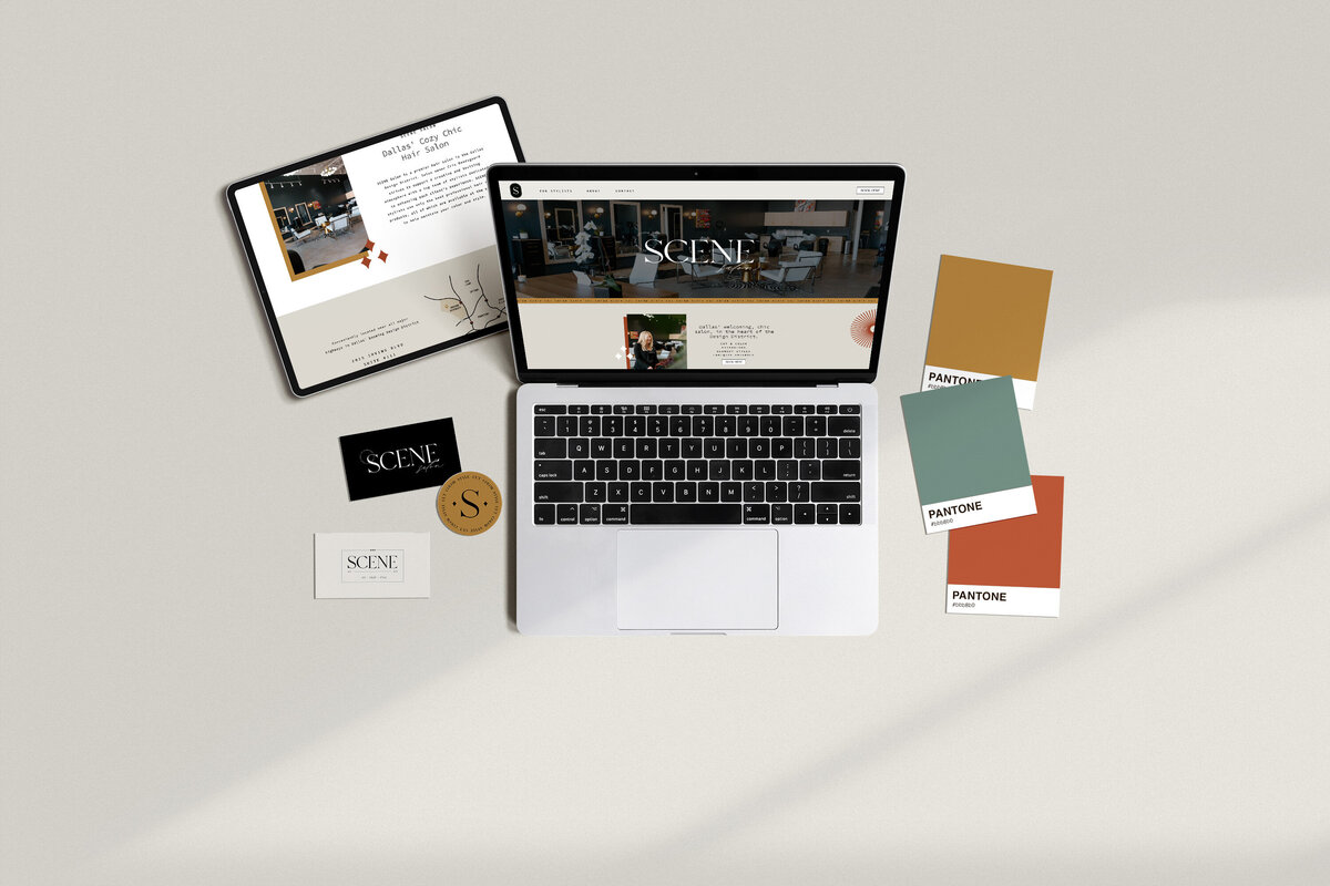 Branded mockup of business cards, mobile and desktop website design, and brand colors of Dallas-based salon client.