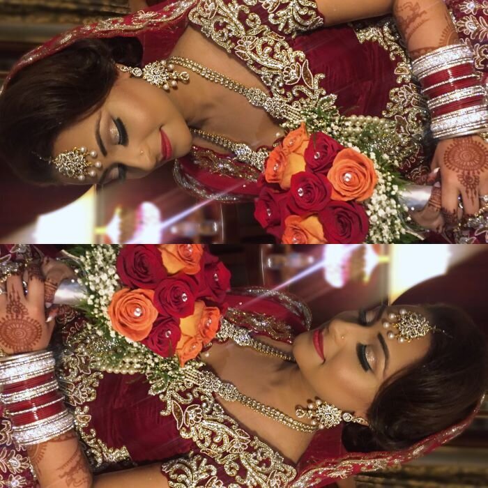 Ottawa celebration: Indian bride’s face painted with ceremonial makeup, featuring detailed mehndi-inspired eye art.