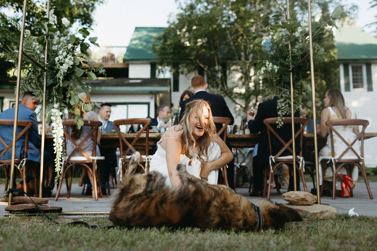 A woman laughs while playing with a large dog lying on its back, capturing a moment beautifully suited for an Muskoka family photographer. In the background, people are seated at tables amidst greenery and a building.