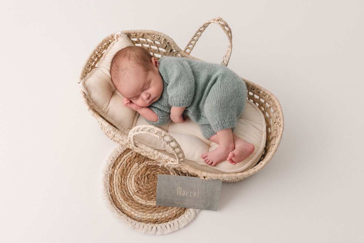 slapende pasgeboren baby in moses mandje in een neutrale setting