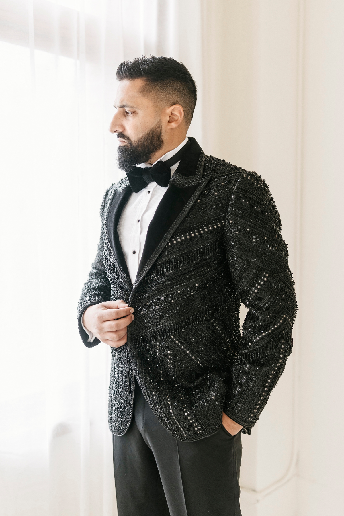 indian-groom-shantnu-nikhil-tux-bowtie-velvet-embroidery